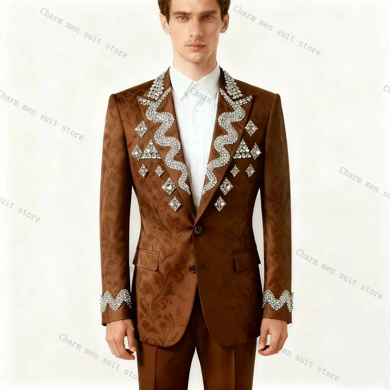 

Brown Luxury Men Suits Set 2 Pcs Blazer+Pant Trousers Wedding Tuxedo Shiny Crystals Formal Office Business Groom Jacket Coat