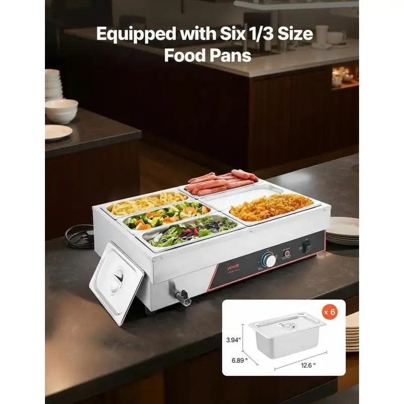 Chauffe-plats commercial avec 6 conteneurs (taille 1/3) et cordon d'alimentation, chauffe-plats de buffet 1500W, en acier inoxydable, conteneurs de buffet, bain-marie pour buffet, station de réchauffement des aliments pour restaurants, fêtes et buffets