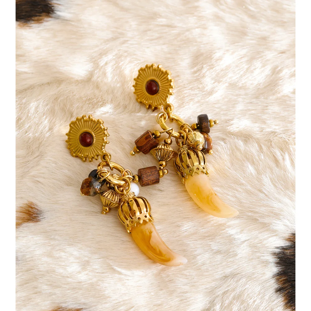 Yhpup Vintage Fashion Stainless Steel Wood Resin Horn Drop Charm Earrings Fashion Distinctive Handmade France Europe Jewelry