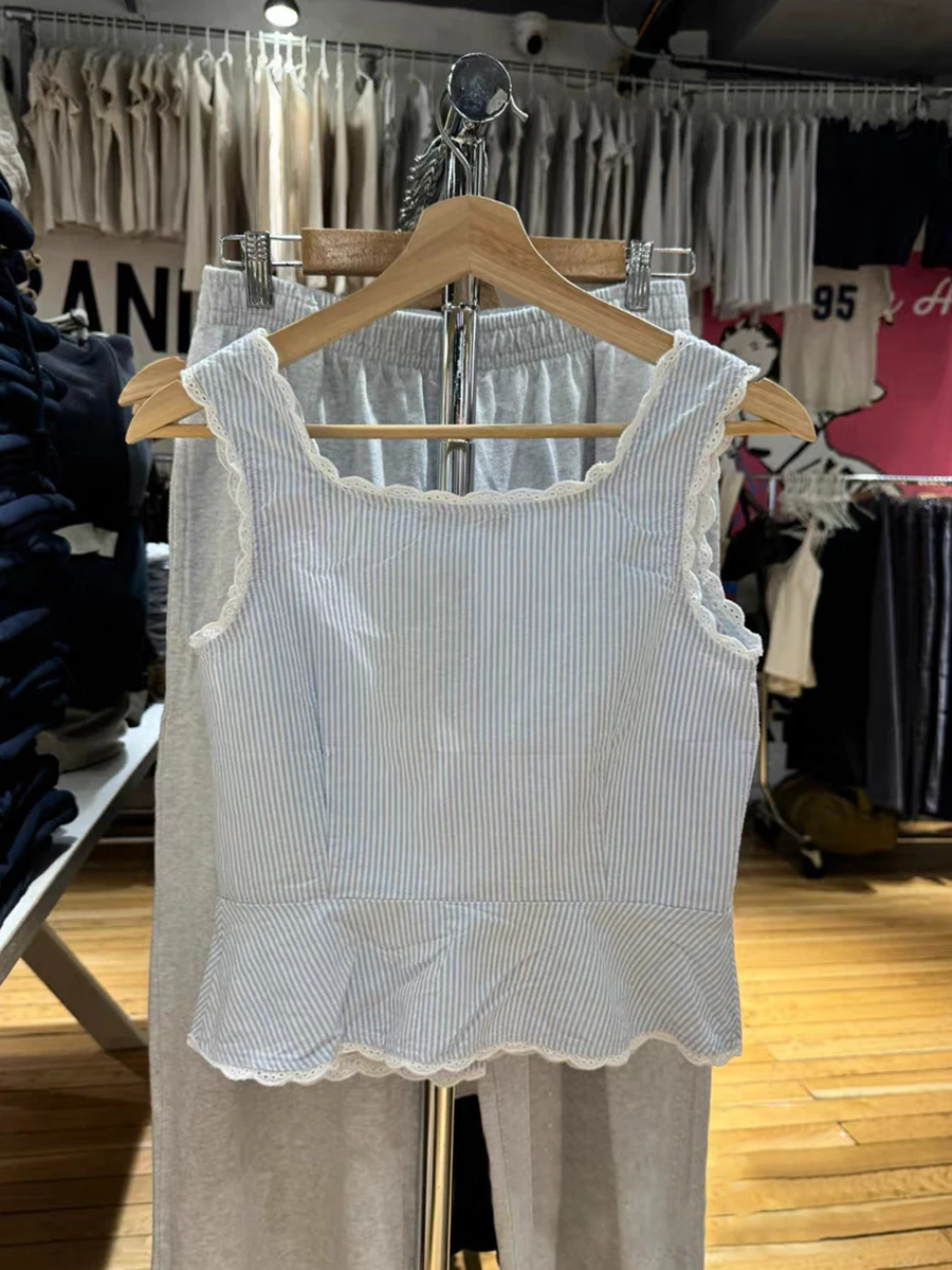 الدانتيل تقليم الأزرق مخطط تانك القمم المرأة الصيف واحدة الصدر ساحة طوق بروتيل الحلو عادية بسيطة أكمام المحاصيل القمم Y2k