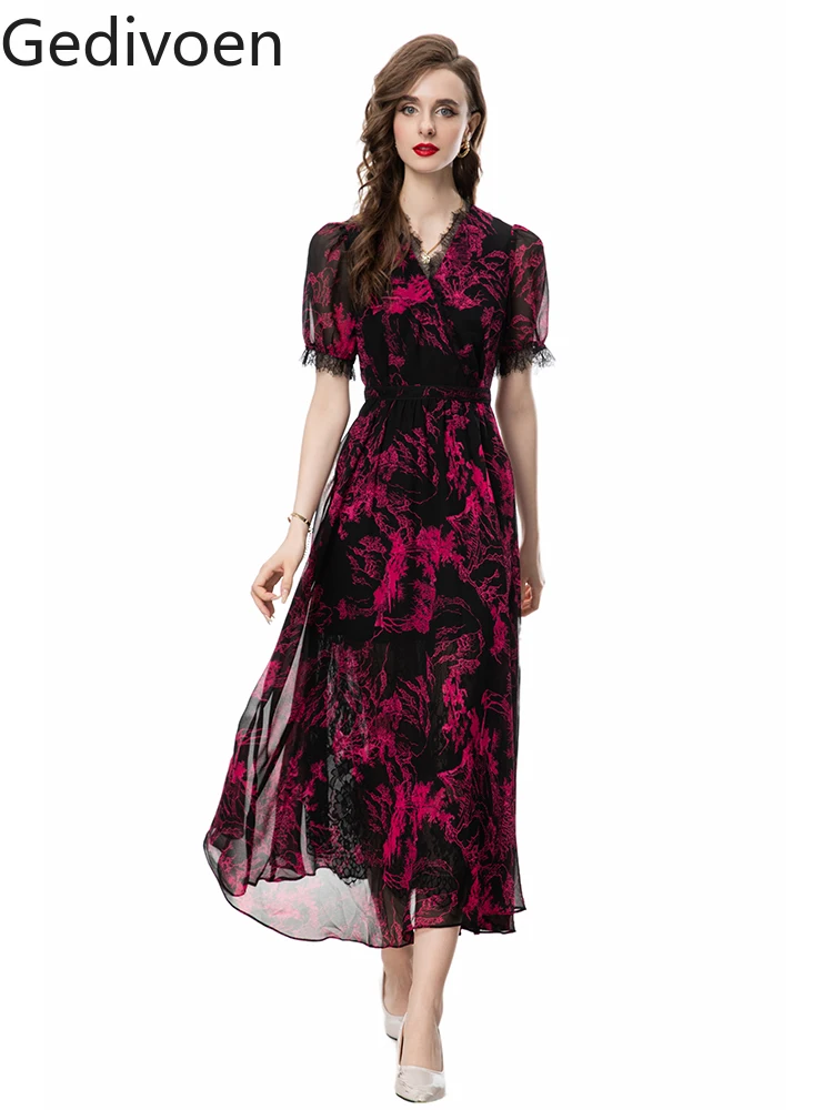 

Gedivoen Summer Fashion Runway New Designer Puff Sleeve Embroidery Printing Floral Office Lady Style Empire A-LINE Dress