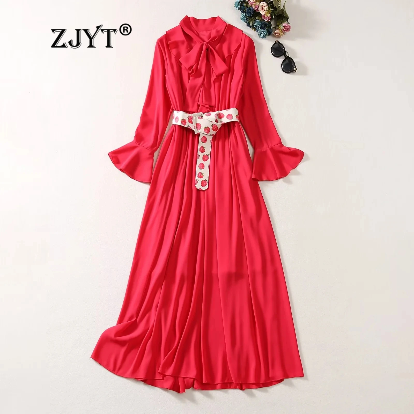 

ZJYT Runway Spring Long Dresses for Women 2024 Fashion Flare Sleeve Red Party Dress Elegant Bow Collar Holiday Vestidos Mujer