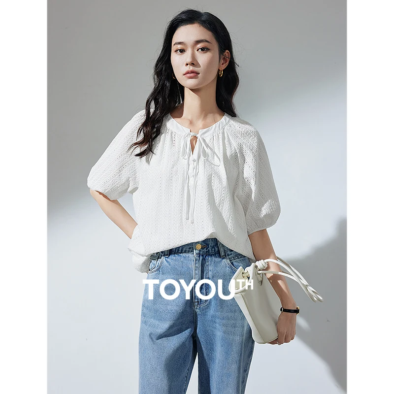 

TOYOUTH Women Blouse Shirt 2024 Summer New Pure Cotton Embroidered Lace Up Round Neck Hollow Out Short Sleeve White Tops