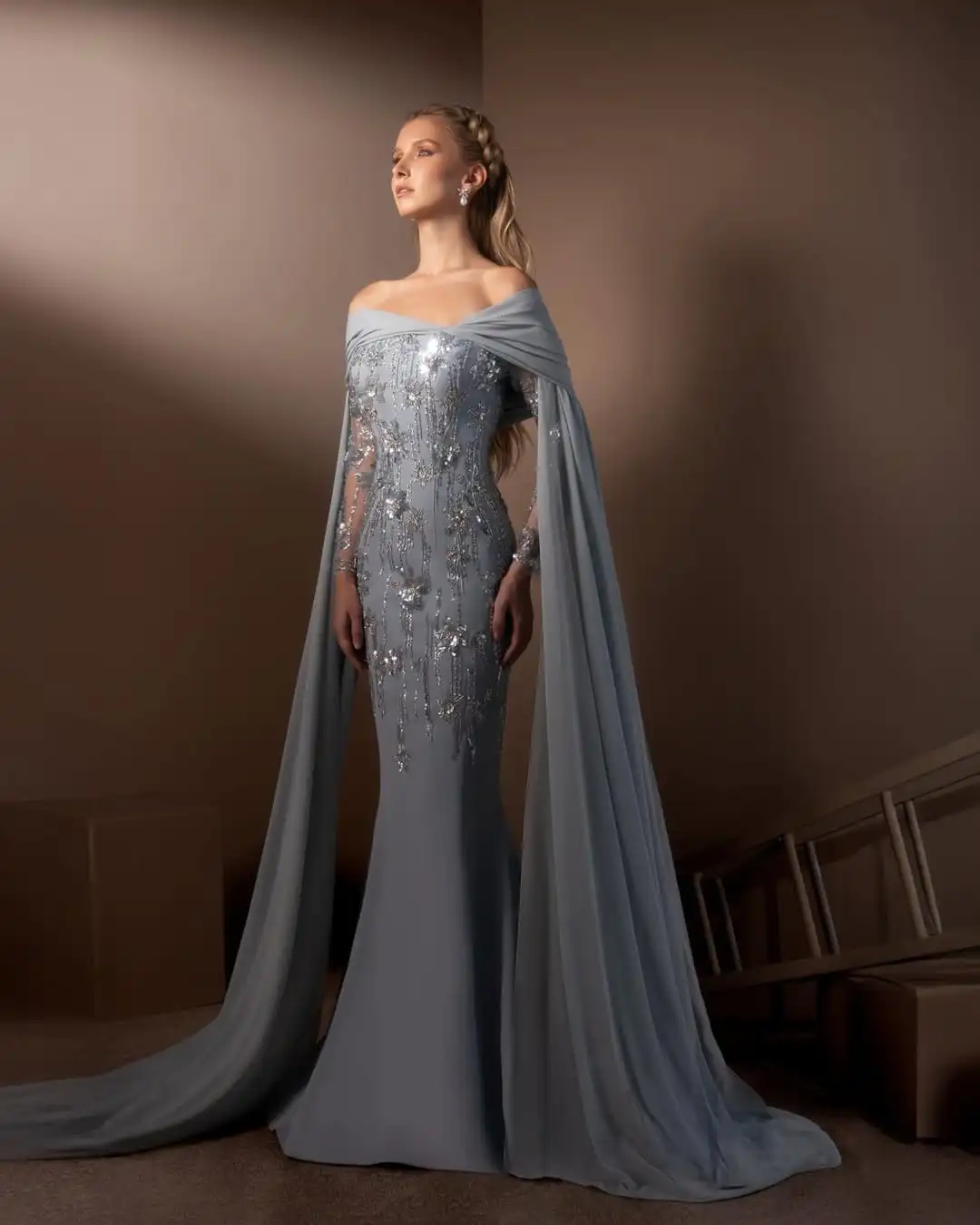 

Ofherown Dusty Blue Off-Shoulder Evening Dress Chiffon Cape Train Sequin Beaded Mermaid Formal Prom Gowns for Women Party Gala