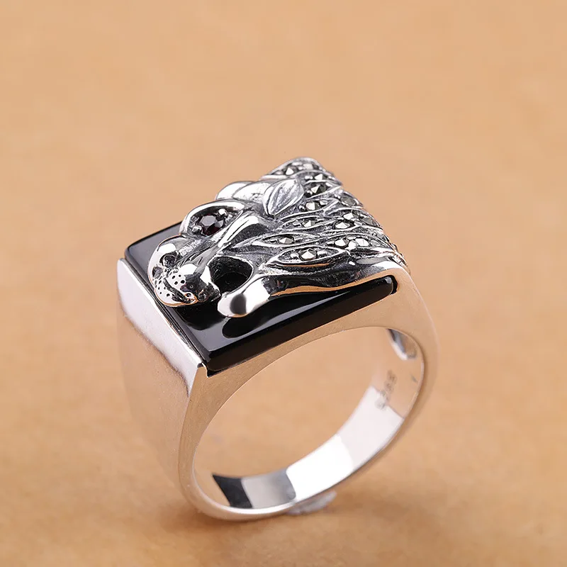 Nepal Handmade S925 Pure Silver Black Agate Dragon Ring Men's Retro Domineering Personality Punk Jewelry