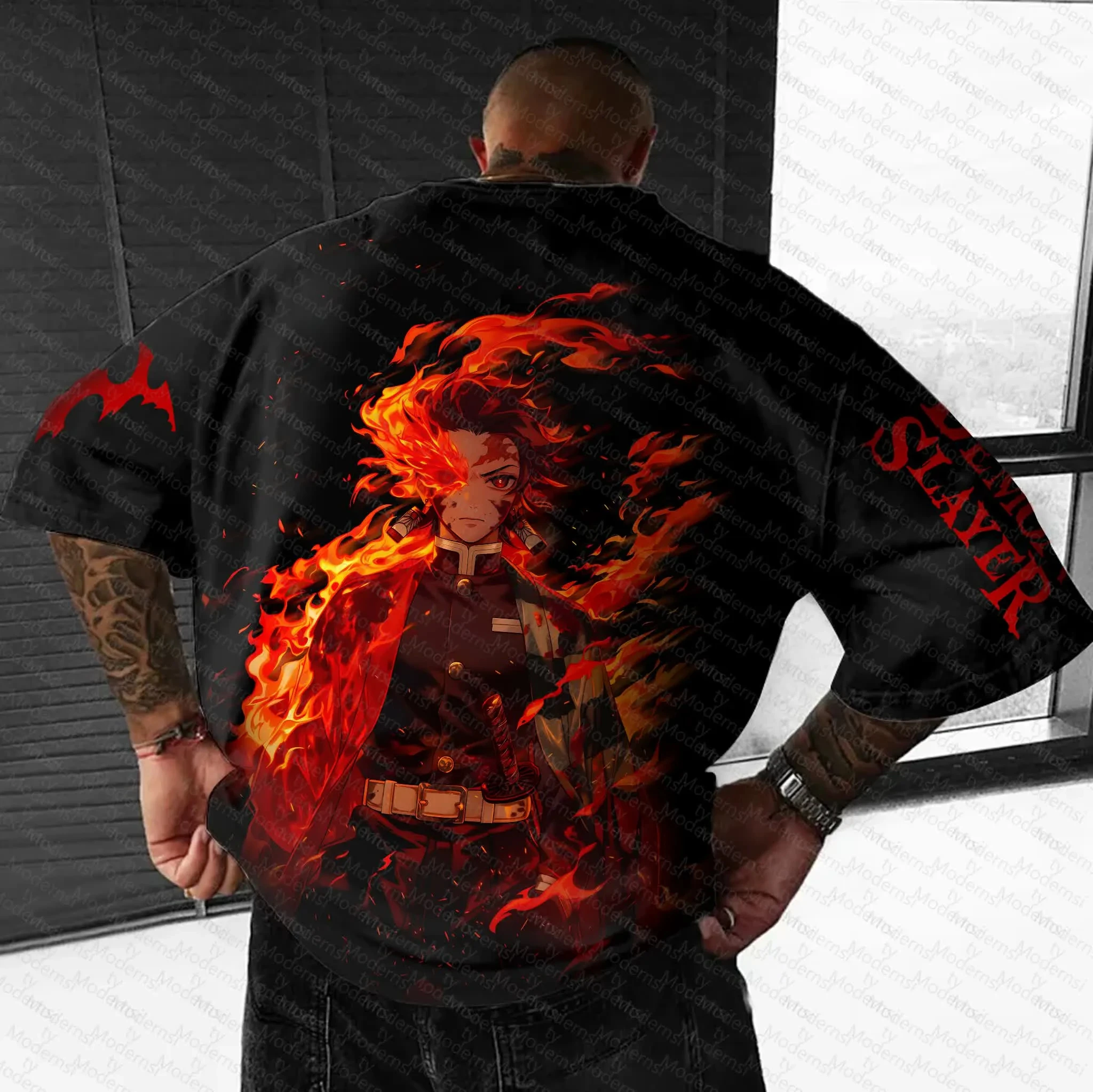 

Men's Loose T-shirt with Gothic Back Print Pattern, Black and White Soft Round Neck, Street Style Casual Short-sleeved DF