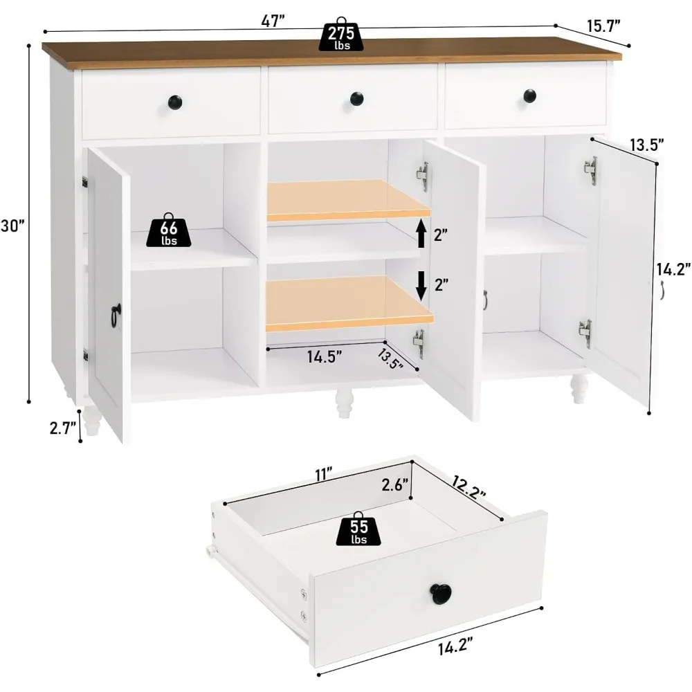 Buffet moderne avec rangement, 47 armoires de bar à café avec 3 tiroirs et 3 portes, armoire de rangement de cuisine avec Shelvi