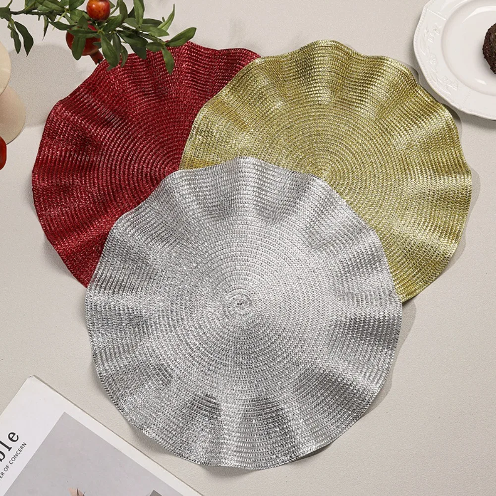 Christmas Glitter Wavy Round Placemats Set of 6 Woven Braided 15 Inch Table Mats for Dining Kitchen Holiday Decor Washable