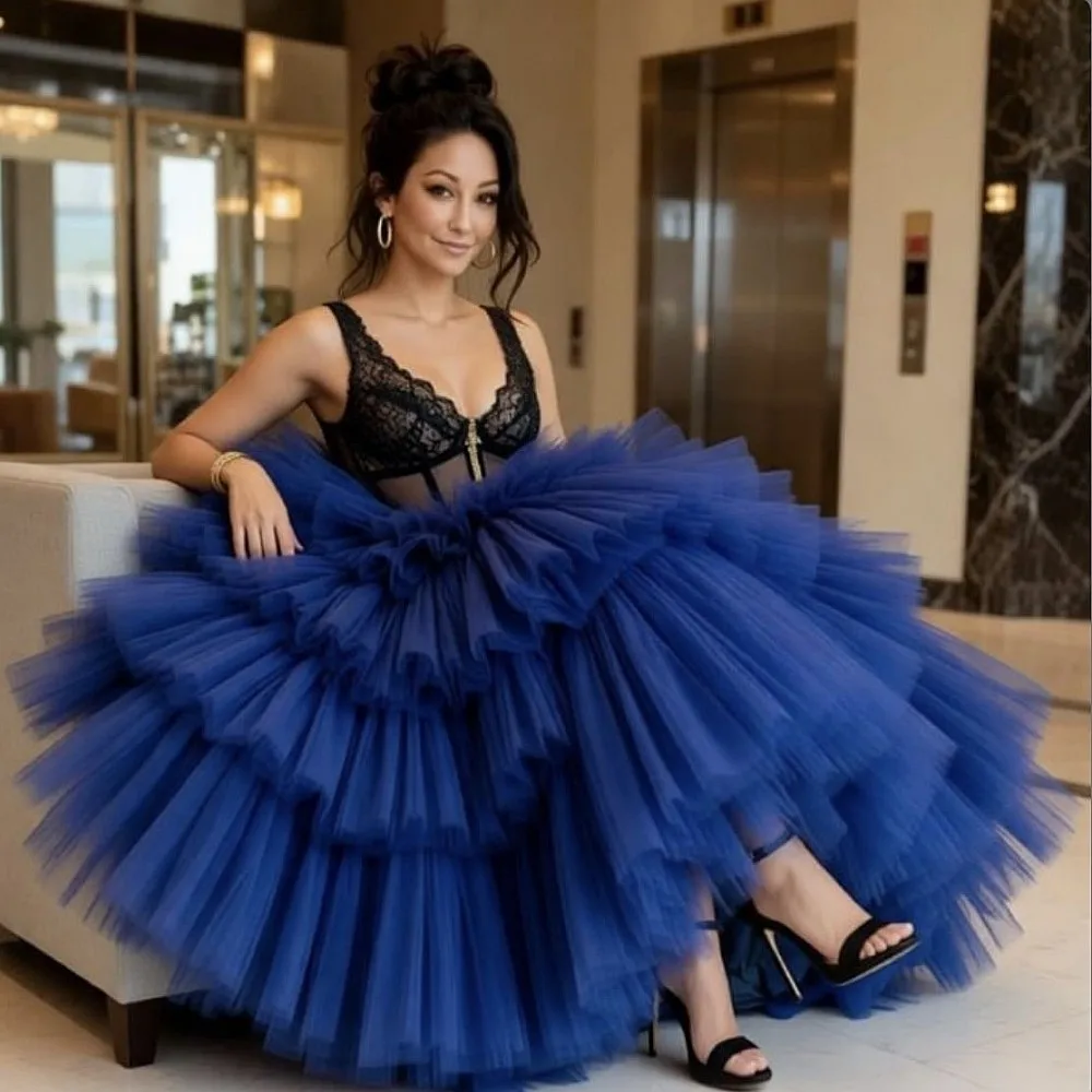 

Темно-синяя многослойная тюлевая юбка, очень пышная многоярусная вечерняя юбка до середины икры, эластичная юбка на день рождения с талией faldas para mujeres
