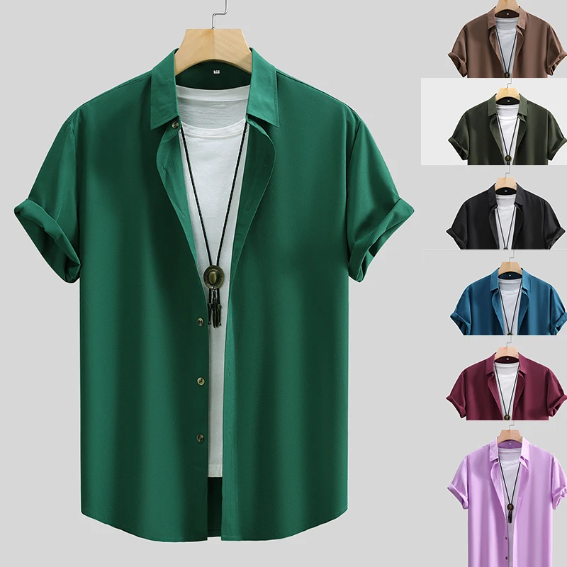 

New Men's Summer Short-sleeved Shirt Fashion Simple Solid Color Ice Cool Short Sleeve 7 Colors