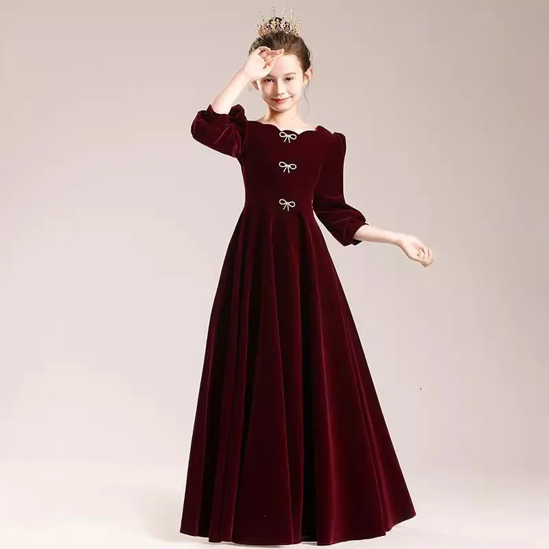 Children's Dress for Girls, Little Girl's Velvet Dress for Hosting, Recitation, Piano Performance, Student Choir Dress, Long Sle