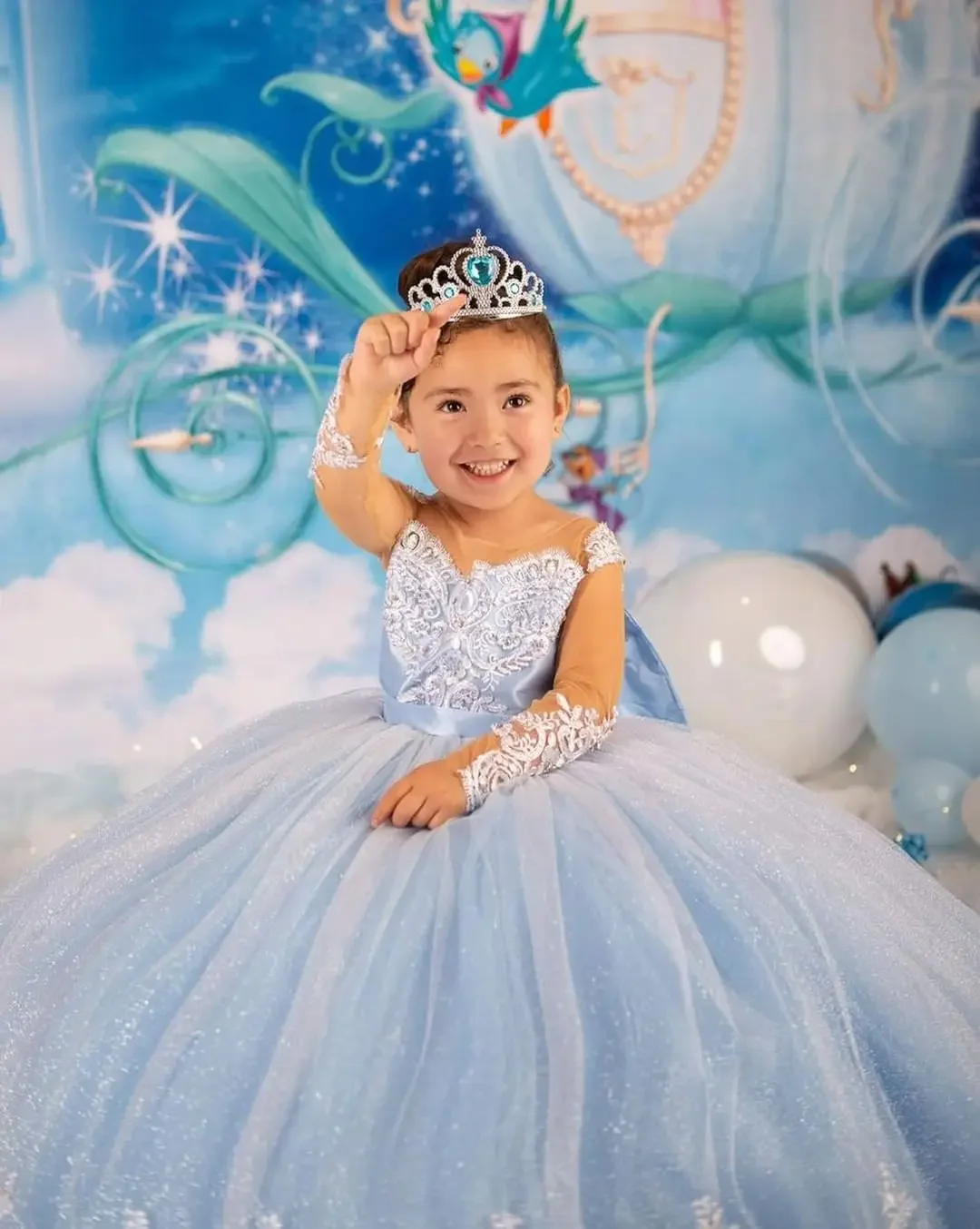 Glitter Princess Flower Girl Dress Long Sleeve Tulle Puffy Lace Sparkling  Ball Gown Birthday Party First Communion Dress