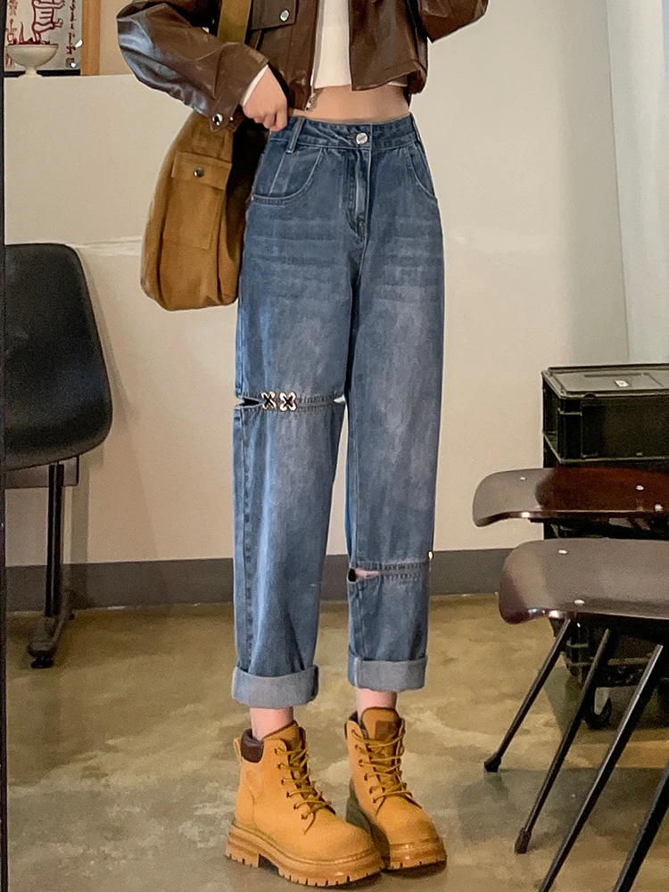 Women Retro Ripped Denim Pants Pocket Loose Wide Led Pants Zipped Fashion Thin Hong Kong Style Casual Straight Pants