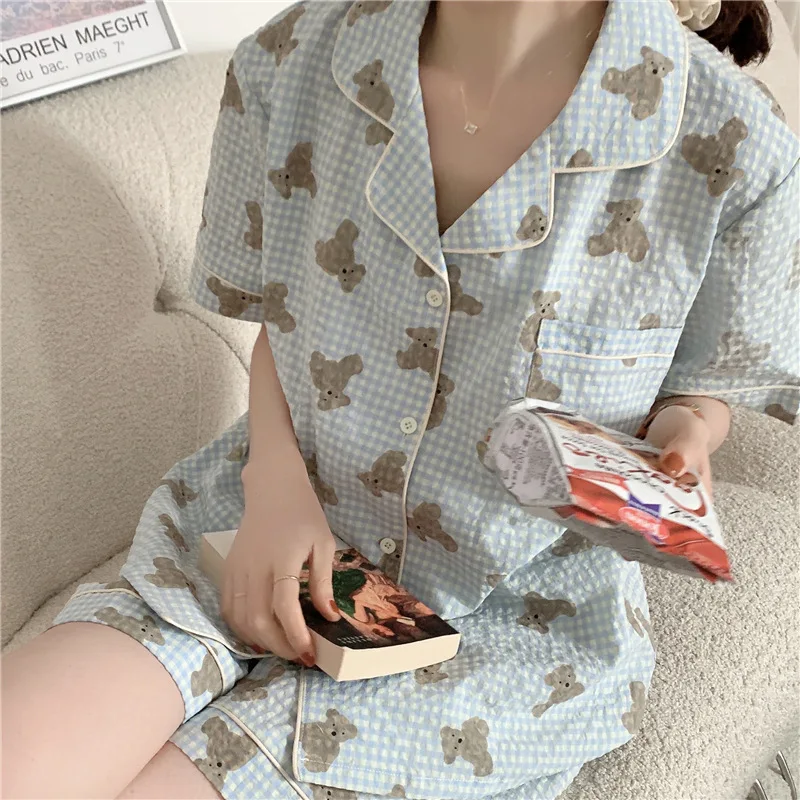 Cute Bear Plaid Pajamas Women\'s Spring and Summer Short Sleeve Cardigan Loungewear Two-piece Set for Students