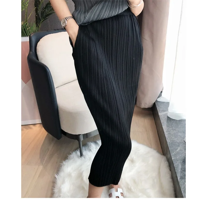 

Осенняя плиссированная женская юбка для отдыха, корейская мода, эластичная классическая однотонная юбка, прямые длинные юбки, повседневный стиль, женская длинная юбка