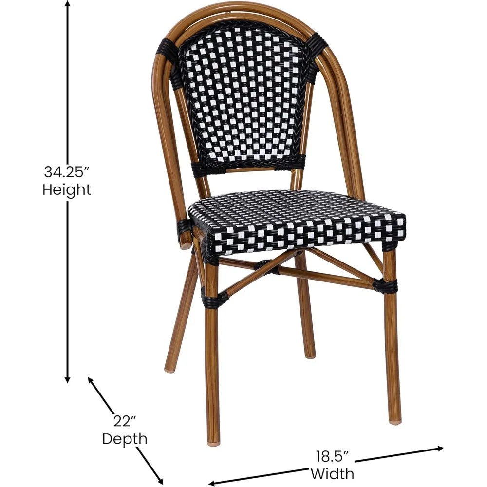 كرسي EMMA وOLIVER Soie Bistro - مقعد وظهر من البولي إيثيلين المنسوج باللونين الأبيض والأسود - إطار من الألومنيوم على طراز الخيزران - مناسب لـ