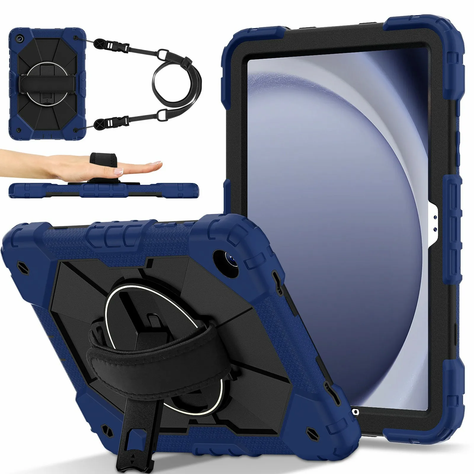 

For Samsung Galaxy Tab A11+ Case Silicone + PC Kickstand Tablet Cover with Handy Strap - Navy Blue / Black