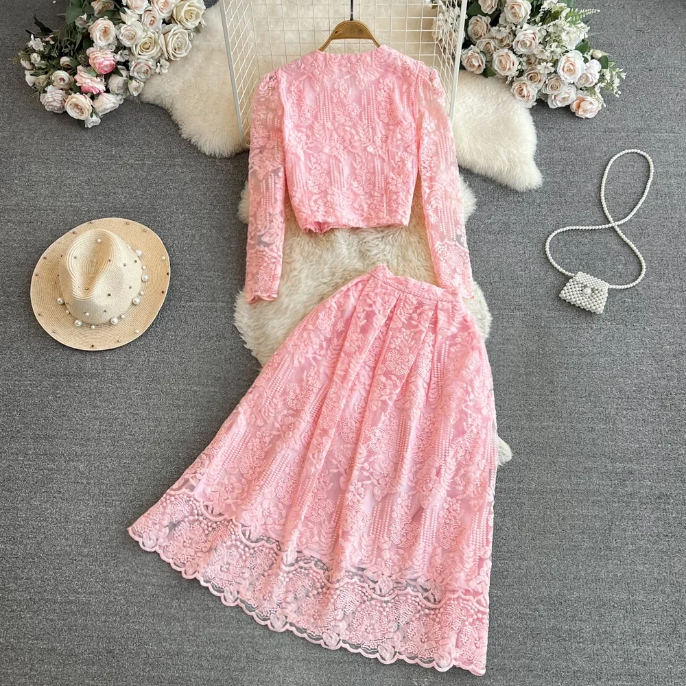 High Quality Floral Embroidery Two Piece Sets Women Suits Elegant OL Long Sleeve Shirt Mid Skirts 2 Piece Outfits Female