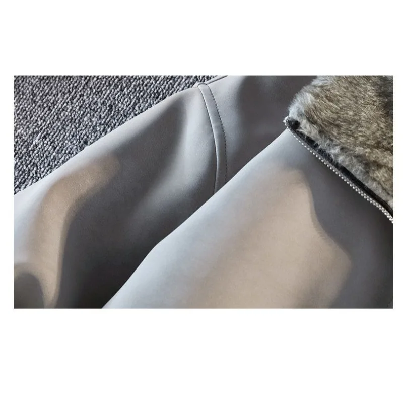 Men's Korean-style Motorcycle Suit Coat Plus-size Versatile Winter Clothin Fleece Thickened Faux Fur One-piece Leather Jacket - view 3