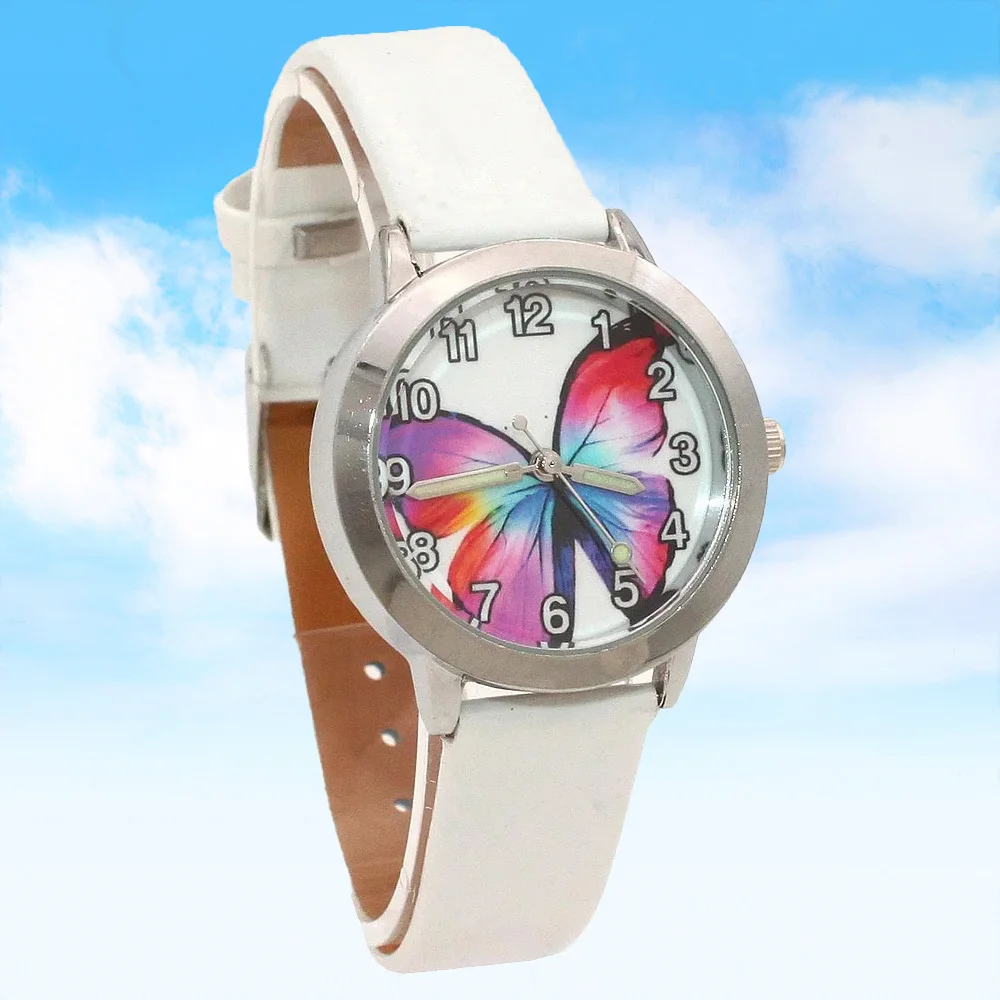Cartoon Butterfly Leather Quartz Watch Stylish Fashionable Wristwatch for Children Students & Females Timepiece