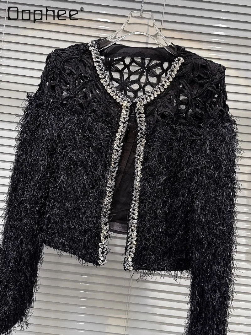 

Heavy Craft Rhinestone Hollow Woven Plush Tassel Coat French Elegant Socialite High-end Loose Short Tweed Coat Women Autumn New