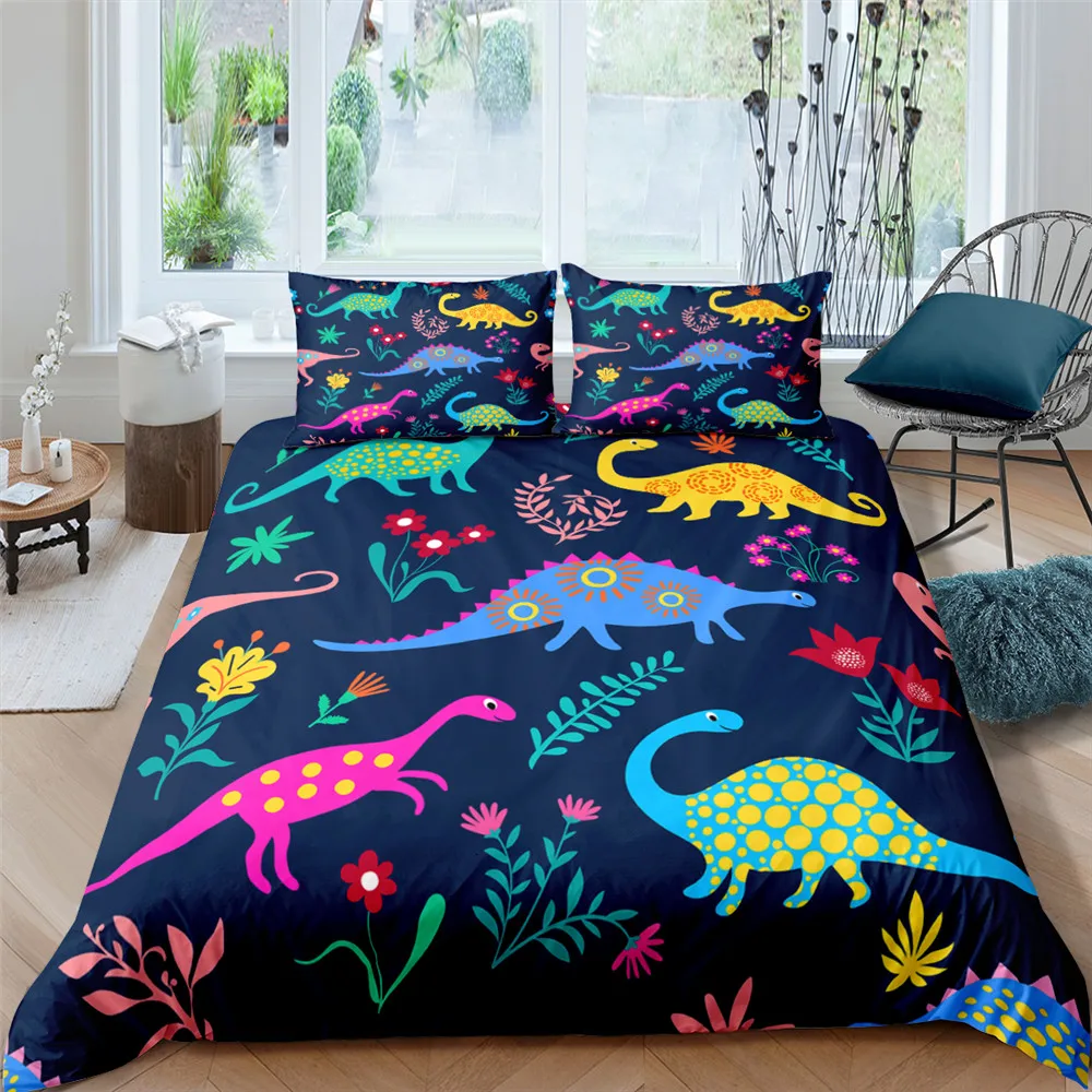 Ensembles de literie en polyester imprimé dinosaure de dessin animé mignon pour enfants, couvre-lit pour garçons, ensemble de linge de lit pour adolescents, taille King, enfants