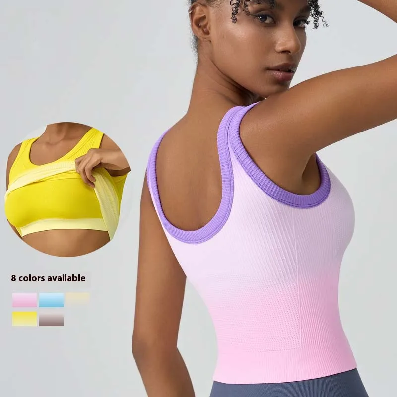 2025 New Seamless Ombre Padded Ribbed Knit Seamless Shirts Women Gym Workout Clothes Crop Top for Running Traning Vest