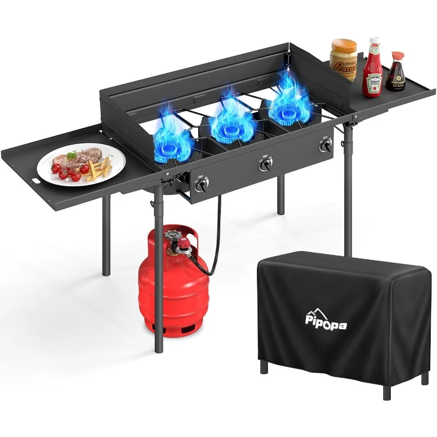 موقد تخييم من البروبان ذو 3 شعلات مع شعلات غاز بقدرة 225000 وحدة حرارية بريطانية للطهي الفعال في الهواء الطلق تتضمن أرفف جانبية للزجاج الأمامي Waterpro #1