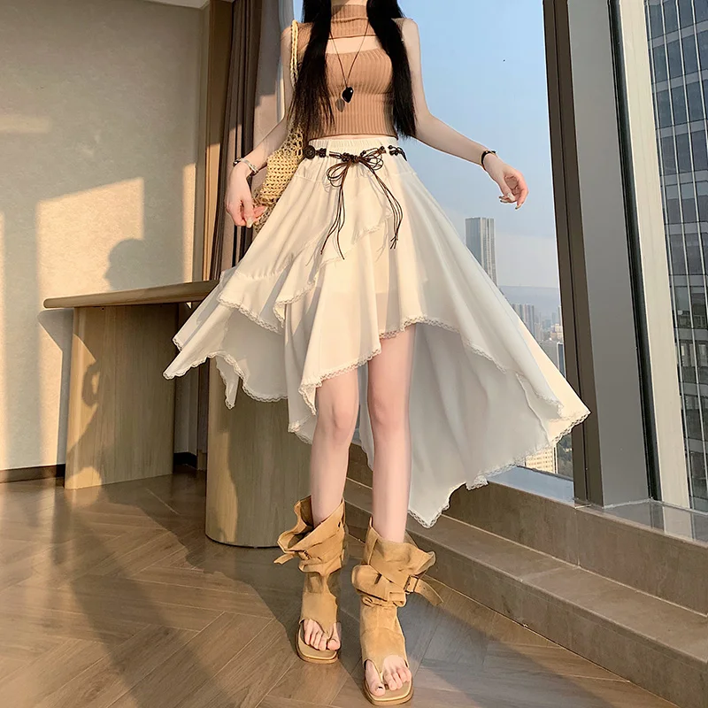 

Ретро-юбка из шифона с асимметричной кружевной отделкой, женская, летняя, для отпуска, расклешенная, сексуальная, А-силуэт, многоярусная, с высокой талией, дышащая