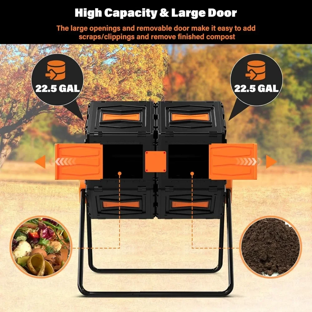 Easy Assemble & Efficient Outdoor Compost Bin, 45 Gallon/170 Liter Large Dual Chamber Rotating Composter for Garden