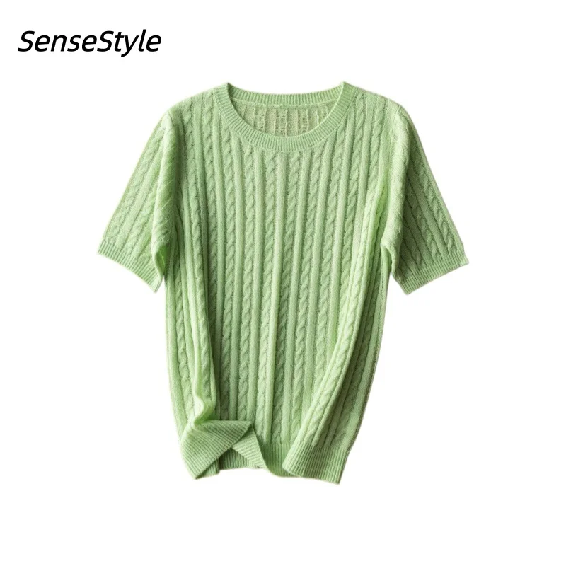 

Women Cashmere Wool Twist Sweater Spring Summer Round Neck Short Sleeve Solid Color Knitwear Top
