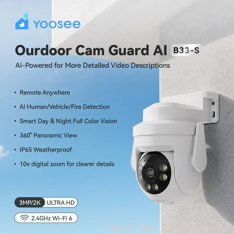 Yoosee B33-S Outdoor IP Camera 2K 3MP WiFi6 360 Panoramic Two-Way Audio AI Human Vehicle Fire Detection Waterproof Security Cam