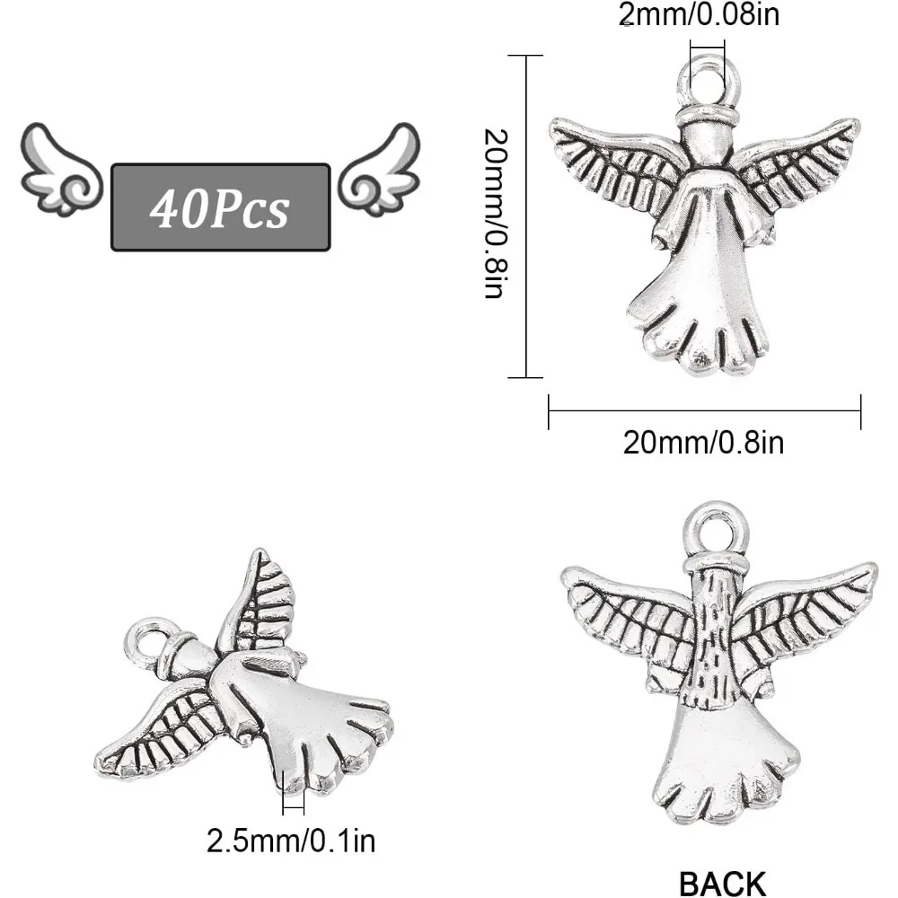 40Pcs Angel Charms Guardian Angel Charm Bulk Tibetan do tworzenia biżuterii Charms Christmas Earrings Necklace Craft Antique Silver — zdjęcie 3