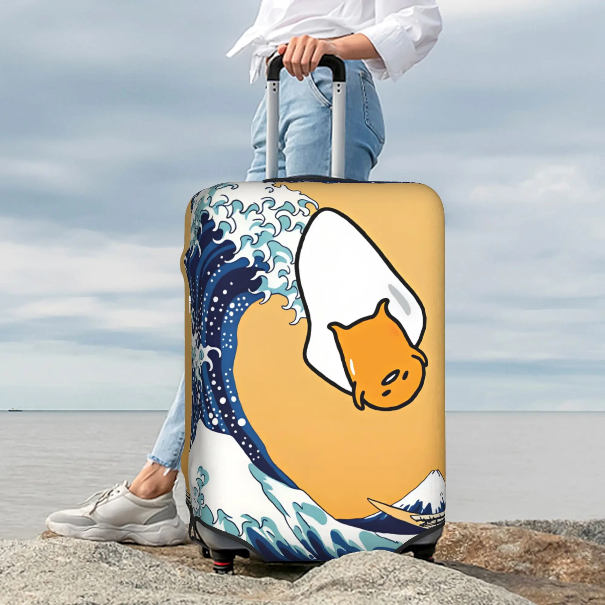 Ukiyoe Style Gudetama Surfing The Great Wave Luggage Cover Elastic Cartoon Travel Suitcase Protective Covers Suit For 18-32 inch