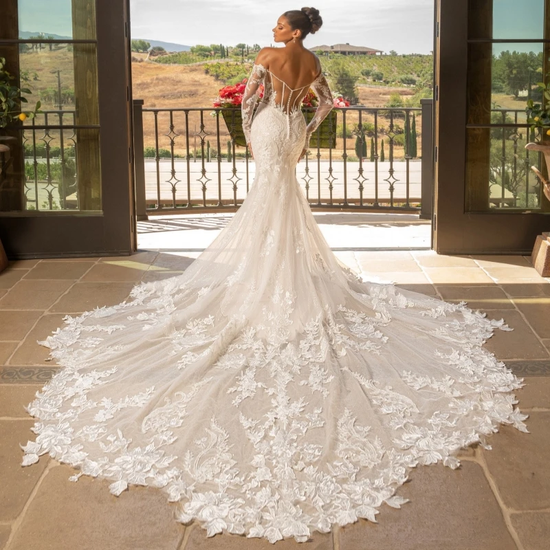 Luxury Light Champagne Dubai Arabic Mermaid Wedding Dresses Applique Lace Tull Long Sleeves Court Train Wedding Dress Bridal Gow