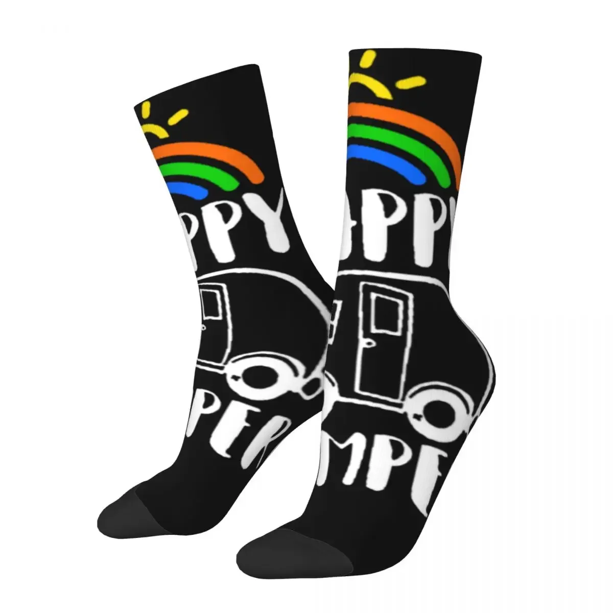 Female Male Rainbow Happy Camper Socks Comfortable Casual Camping Socks Novelty Merch Middle TubeStockings Wonderful Gifts