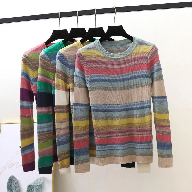 

Rainbow Early Autumn Top for Women Long-sleeved Spring and New Round Neck Striped Knitted Base Shirt Tight Thin Sweater