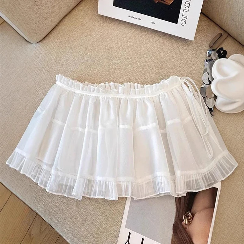 Корейская летняя милая дизайнерская многослойная юбка трапециевидной формы со шнуровкой, закрывающая бедра, аксессуары