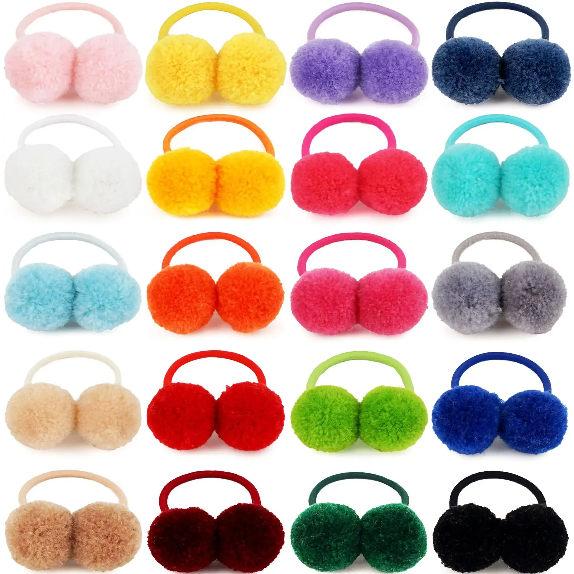

20Pcs 1.4" Small Solid Double Fur Ball With Elastic Rope Handmade Band For Kids Girls Hair Accessories