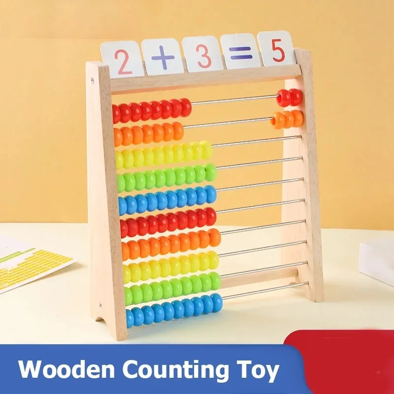 Classic Wooden Educational  Math 10-Row Counting Toy 100 Beads with Counting Sticks Number Alphabet Card Preschool Math Learning