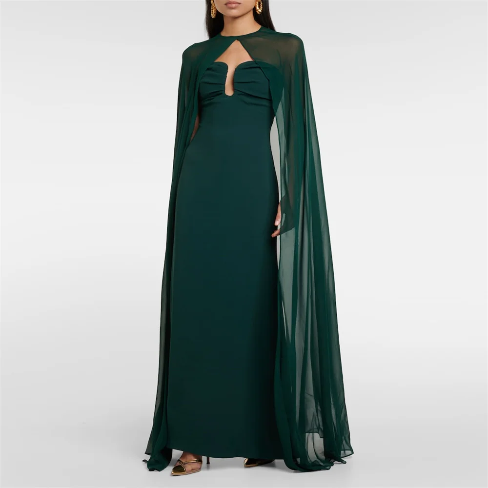 New Arrival Strapless Neckline Long Cap Sleeves Crepe Straight Evening Dress Elegant Open Back Floor Length Gown For Women 2024