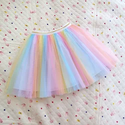 Cute Rainbow Girls Mesh Skirts 2022 Summer New Kids Princess Tutu Skirts Color Stripes Girls Pleated Skirt Gauze Child Miniskirt