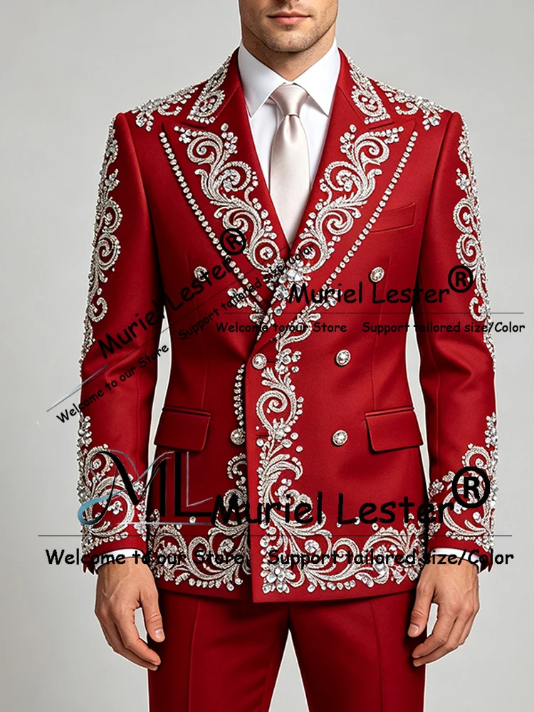 Luxury Suit Men Sparkly Diamond Beading Prom Blazer Trousers 2 Pieces Sets Bridegroom Dinner Party Tuxedo Attire Groom Outfits