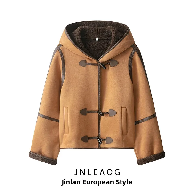 JNLEAOG Damen Thiened Wildleder Lammfellmantel Herbst Neuer Sle geknöpftes Leder und Pelz Inteated Street Sle Ort Mantel