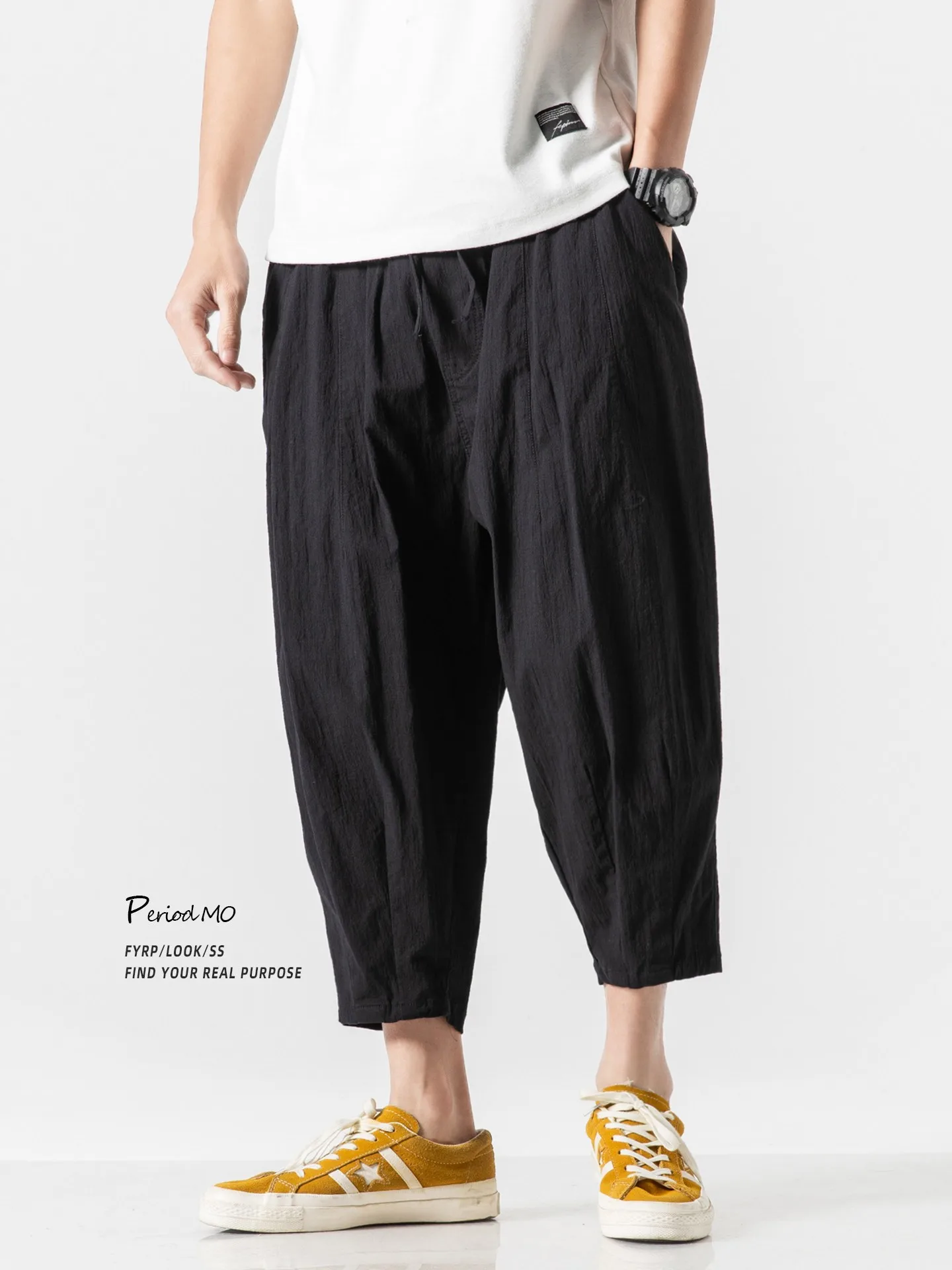 

Мужские повседневные брюки FYRP в стиле Харадзюку, летние тонкие свободные брюки с широкими штанинами, брюки-капри, свободный крой, молодежные