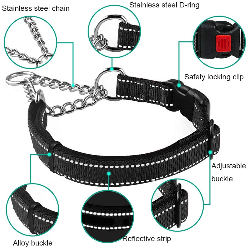 Dog Collar for Small, Medium and Large Dogs Safety Latch Reflective Adjustable Stainless Steel Chain Dog Collar for Training