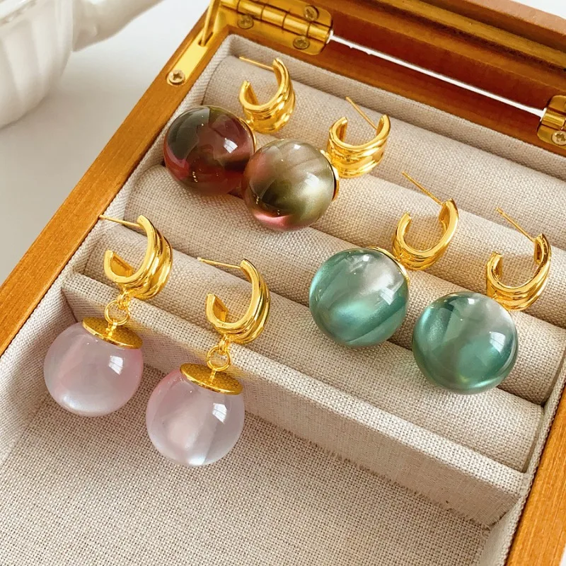 

French Retro Simulated Cat's Eye Stone Drop Earrings for Women Geometric Ball Earring Dangle Statement Party Ear Accessories