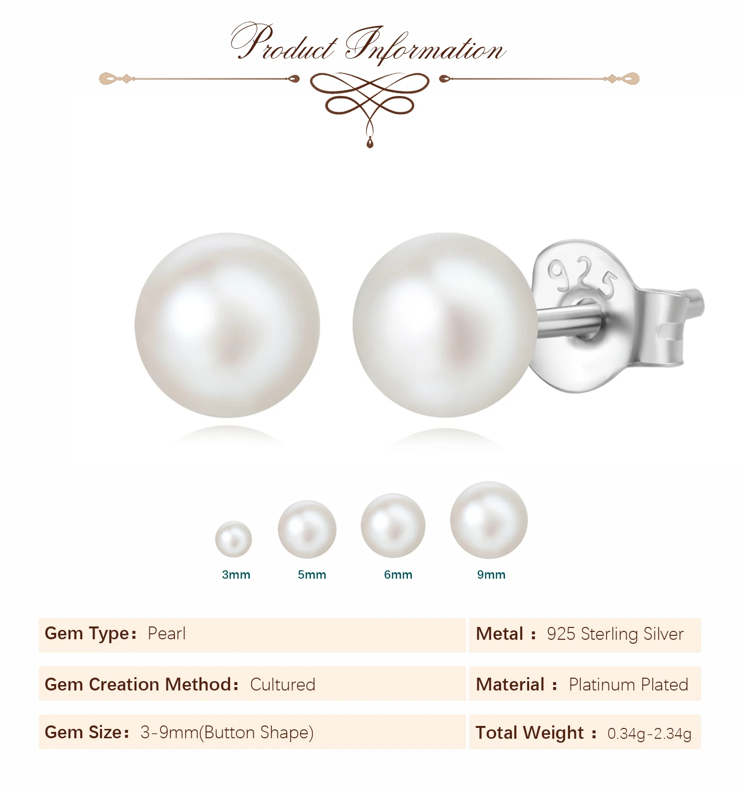 Potiy 3-9mm perla d'acqua dolce orecchini a bottone in argento Sterling 925 per le donne regalo alla moda di moda gioielleria raffinata regali di san valentino retrò