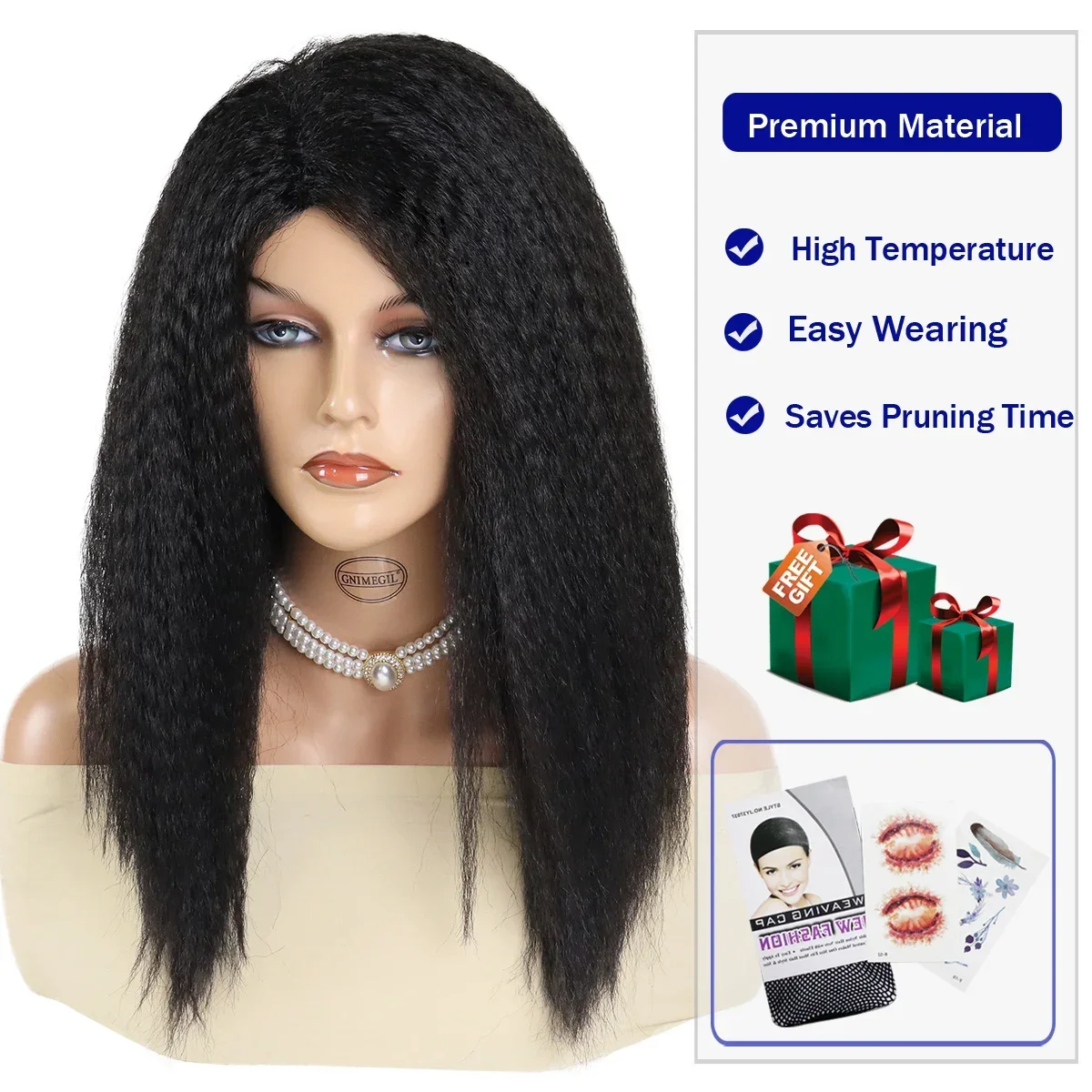 GNIMEGIL Wig serat sintetis 22 "Yaki wanita, Wig hitam lurus, pakaian potong rambut alami, Wig ikal halus, garis rambut tebal