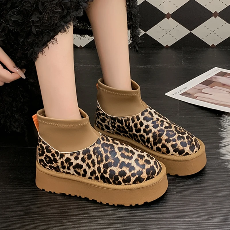 Leopard Flats Platform Women Shoes Snow Ankle Boots Trend Wnter New Designer Chelsea Boots New Casual Walking Mujer Botas